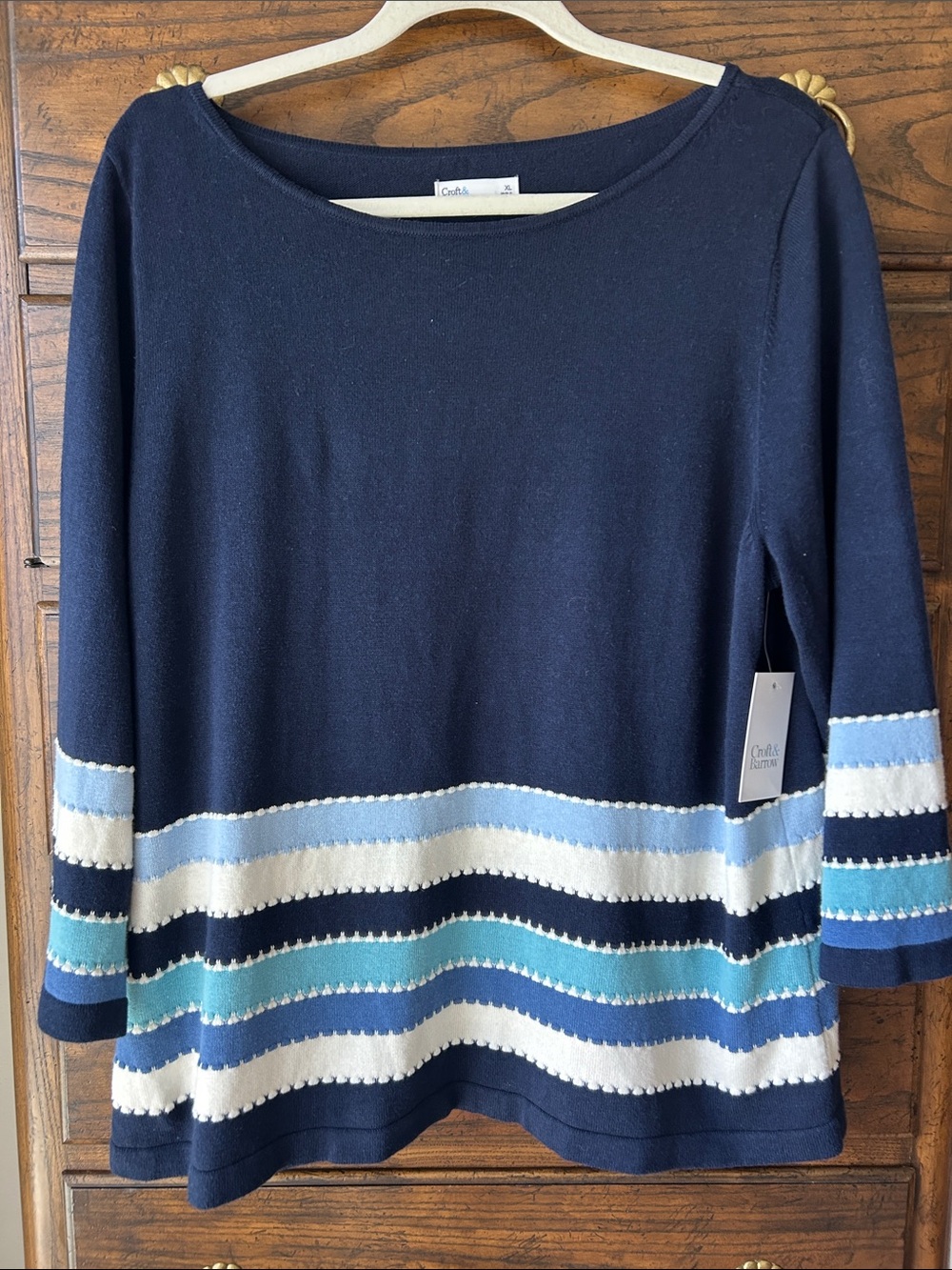 Croft&Barrow NWT Navy Cotton Crewneck Sweater, Blue, Teal and White Stripes, XL